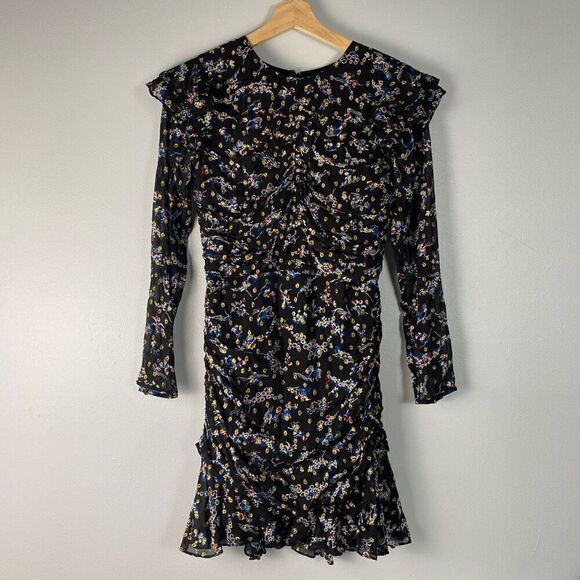 VERONICA BEARD Parc Ruched Floral Ruffle Silk Mini Dress - Picture 3 of 13